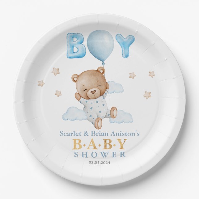 Blue Teddy Bear with Balloon Baby Shower Paper Plate (Front)