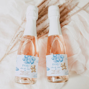 Blue teddy bear with balloons baby shower sparkling wine label