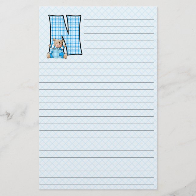 Blue Teddy Bear with Letter N Plaid Lined Stationery (Front)