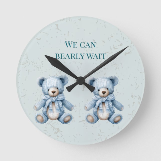 Blue Teddy Bears Twin Baby Shower Round Clock (Front)