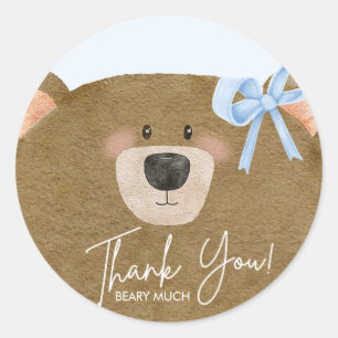 Blue Teddy We Can Bearly Wait Boy Baby Shower Classic Round Sticker
