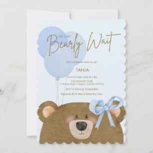 Blue Teddy We Can Bearly Wait Boy Baby Shower Invitation
