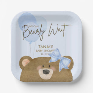 Blue Teddy We Can Bearly Wait Boy Baby Shower Paper Plate