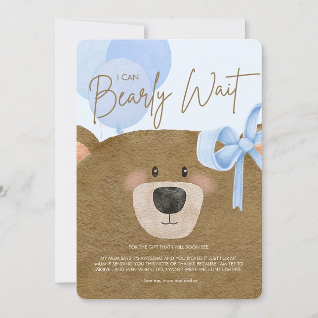 Blue Teddy We Can Bearly Wait Twins Baby Shower Thank You Card (Front)
