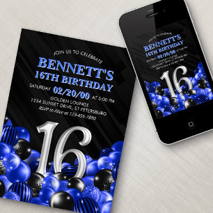 Blue Teen Boy 16th Birthday Invitation