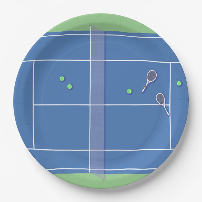 Blue Tennis Court Modern Tennis Player     Paper Plate (Front)