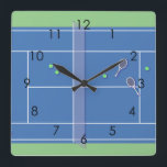 Blue Tennis Court Modern Tennis Player      Square Wall Clock<br><div class="desc">Personalised classic tennis court design in blue with classic, chic, preppy & elegant tennis rackets and green tennis balls. Simple, minimalist gift for your tennis coach or tennis team. Personalised Gift for a tennis player. Blue tennis court illustration. Trendy tennis players home decor. Trendy modern tennis player gifts. Cool retro...</div>