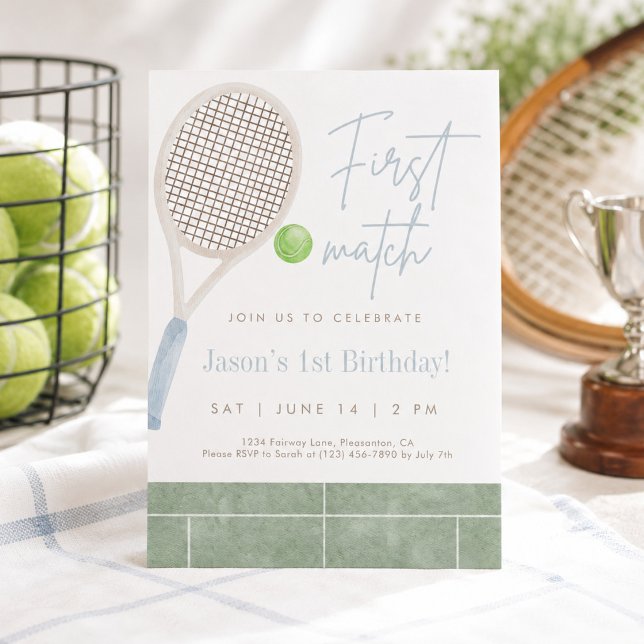 Blue Tennis First Birthday Party Invitation (Creator Uploaded)