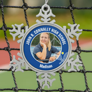 Blue Tennis Player Photo High School Spirit Snowflake Pewter Christmas Ornament