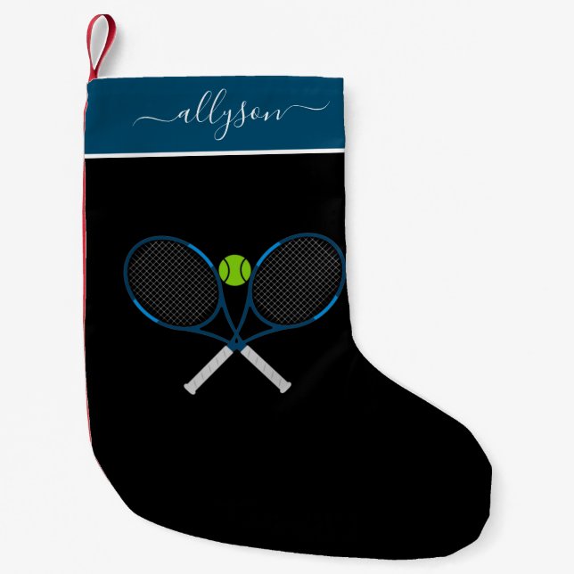 Blue Tennis Rackets & Custom Girls Name Cute Sport Small Christmas Stocking (Front)