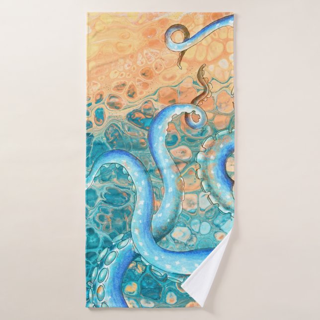 Blue Tentacles Octopus Kraken Abstract Teal Ink Bath Towel Set (Bath Towel)
