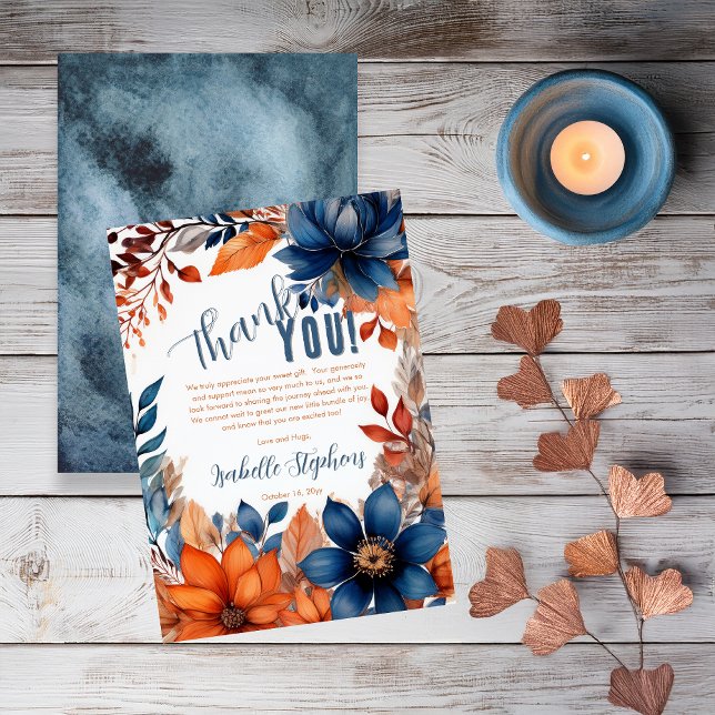 Blue | Terracotta Boy Fall Floral Baby Shower Thank You Card (Boho Elegant Fall | Autumn Floral Boy Baby Shower Thank You Card)