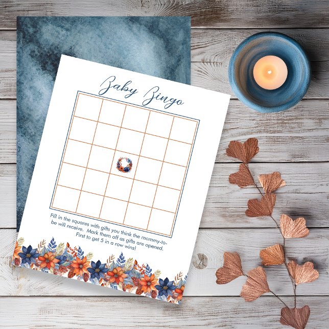 Blue Terracotta Fall Floral Baby Shower Bingo (Boho Blue and Terracotta Fall |  Autumn Floral Boy Baby Shower "Baby Bingo" Game)