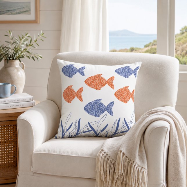 Blue & Terracotta Fish Coastal Cushion (Creator Uploaded)