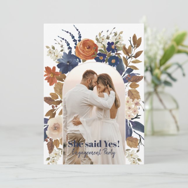 Blue Terracotta Floral Arch Photo Engagement Party Invitation (Standing Front)