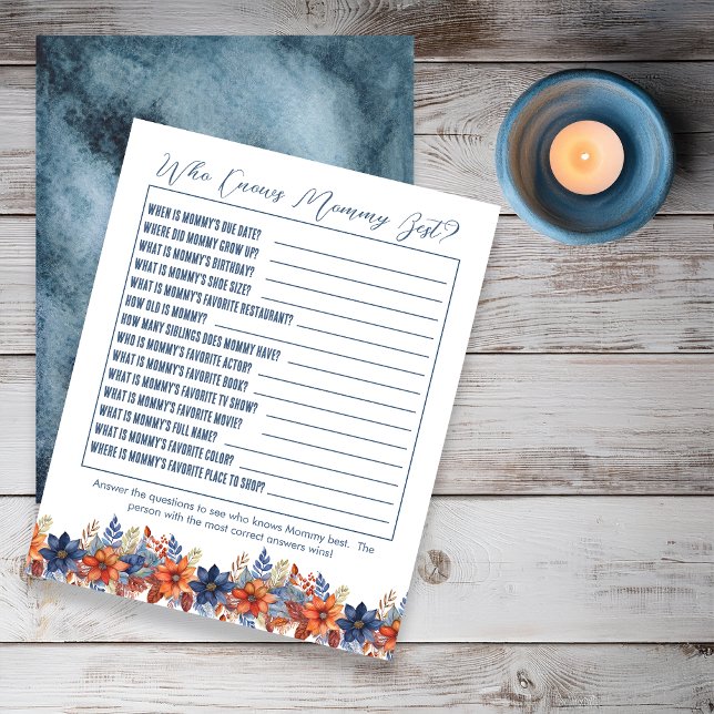 Blue Terracotta Floral Baby Shower Who Knows Mummy (Boho Blue and Terracotta Fall |  Autumn Floral Boy Baby Shower "Who Knows Mommy Best" Game)