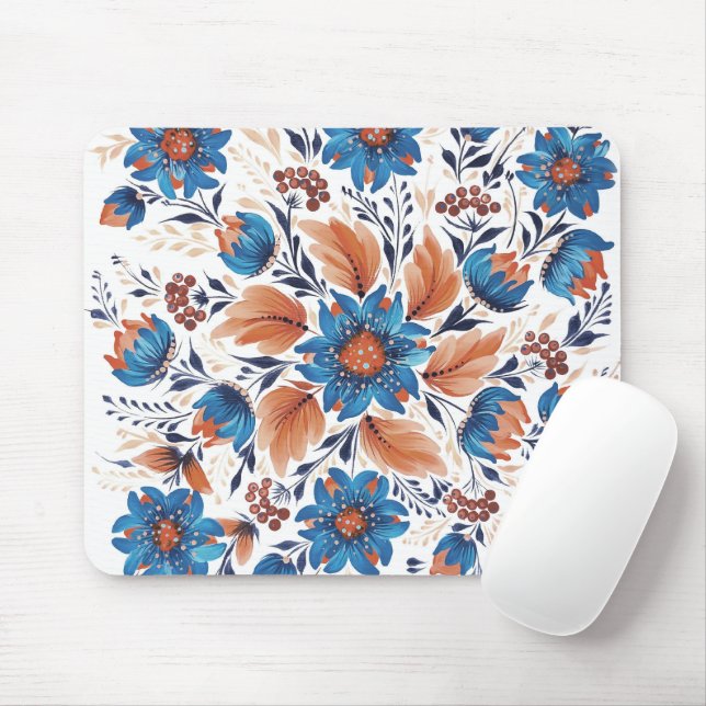 Blue & Terracotta Floral Folk Art Mouse Pad (With Mouse)