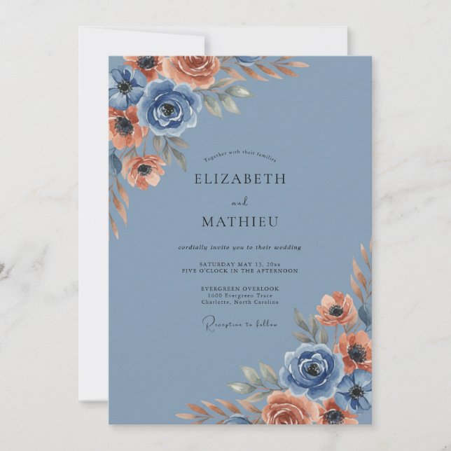 Blue Terracotta Floral Romance Wedding Invitation (Front)