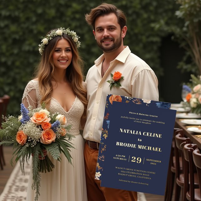 Blue Terracotta Floral Wedding Gold  (Blue Terracotta Floral Wedding Gold Foil Invitation. Models are AI-Gen.)