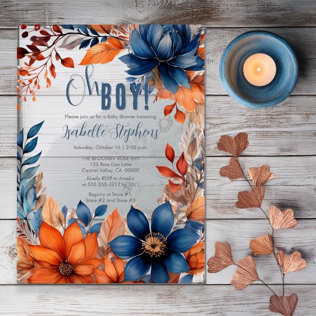 Blue | Terracotta Oh Boy Fall Floral Baby Shower Acrylic Invitations (Boho Blue and Terracotta Fall |  Autumn Floral "Oh Boy!" Baby Shower Acrylic Invitation )