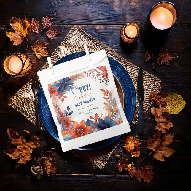 Blue | Terracotta Oh Boy Fall Floral Baby Shower Favour Bags (Boho Blue and Terracotta Fall |  Autumn Floral "Oh Boy!" Baby Shower Favor Bags)