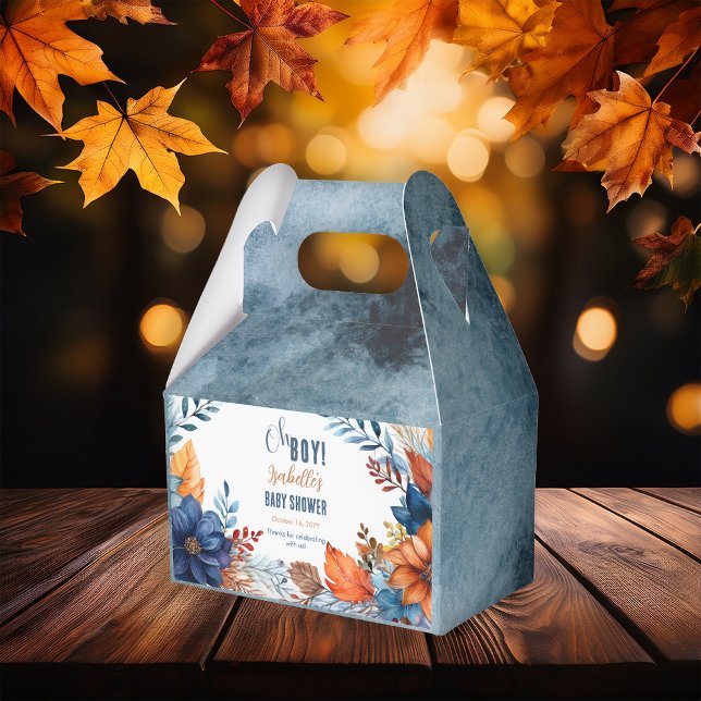Blue | Terracotta Oh Boy Fall Floral Baby Shower Favour Box (Boho Blue and Terracotta Fall |  Autumn Floral "Oh Boy!" Baby Shower Gabled Favor Box)