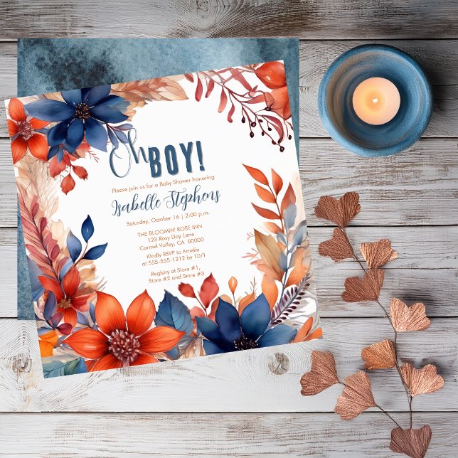 Blue | Terracotta Oh Boy Fall Floral Baby Shower Invitation (Boho Blue and Terracotta Fall |  Autumn Floral "Oh Boy!" Baby Shower Square Invitation)