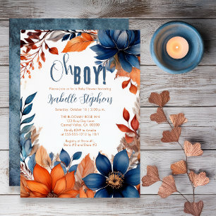 Blue   Terracotta Oh Boy Fall Floral Baby Shower Invitation