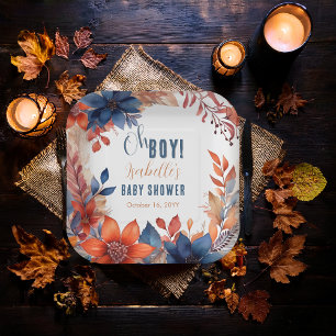 Blue   Terracotta Oh Boy Fall Floral Baby Shower Paper Plate