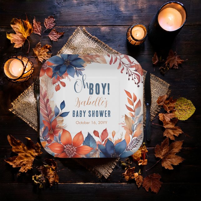 Blue | Terracotta Oh Boy Fall Floral Baby Shower Paper Plate (Boho Blue and Terracotta Fall |  Autumn Floral "Oh Boy!" Baby Shower Square Paper Plates)