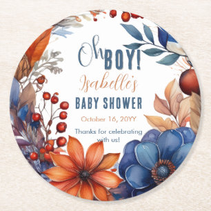 Blue Terracotta Oh Boy Fall Floral Baby Shower Round Paper Coaster