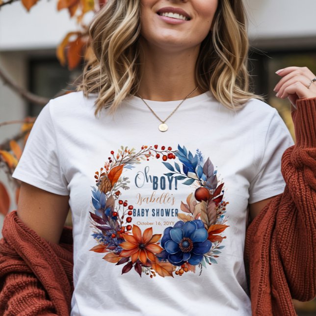 Blue | Terracotta Oh Boy Fall Floral Baby Shower Tri-Blend Shirt (Blue Terracotta "Oh Boy" Fall Floral Baby Shower T-shirt)
