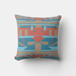 Blue Terracotta Red on Taupe Southwest Art Look Cushion