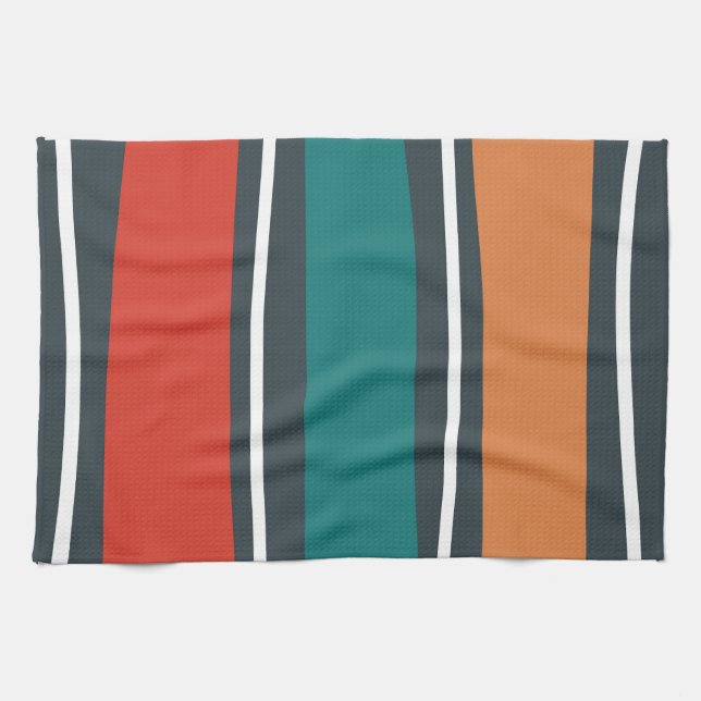 Blue terracotta red white retro waves tea towel (Horizontal)
