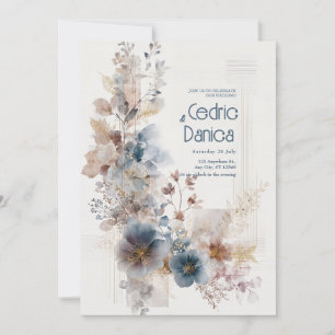 Blue Terracotta Watercolor Gold Floral Wedding Invitation