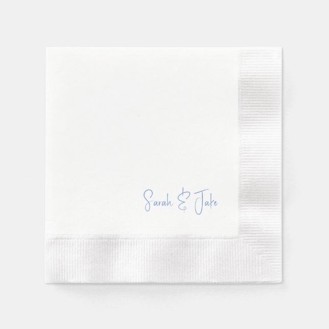 Blue Text White Modern Script Wedding Coined Napkin (Front)