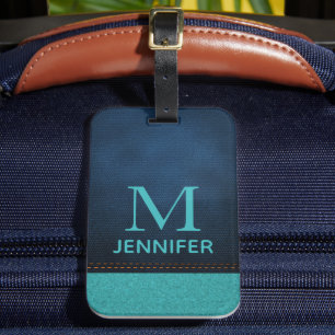 Blue Textured Leather Monogram Personalised Name Luggage Tag