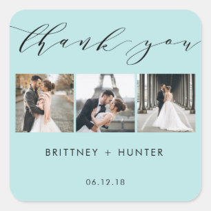 Blue Thank You 3 Photo Collage Square Sticker