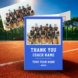 Blue Thank you Coach Card Team Name Photo<br><div class="desc">Blue Thank you Coach Card Team Name Photo. Personalise with your coach name, team name and year. You can change any text on the card or erase it. A great card for a coach! Add a team photo and get the team to sign the non-designed areas of the card.</div>