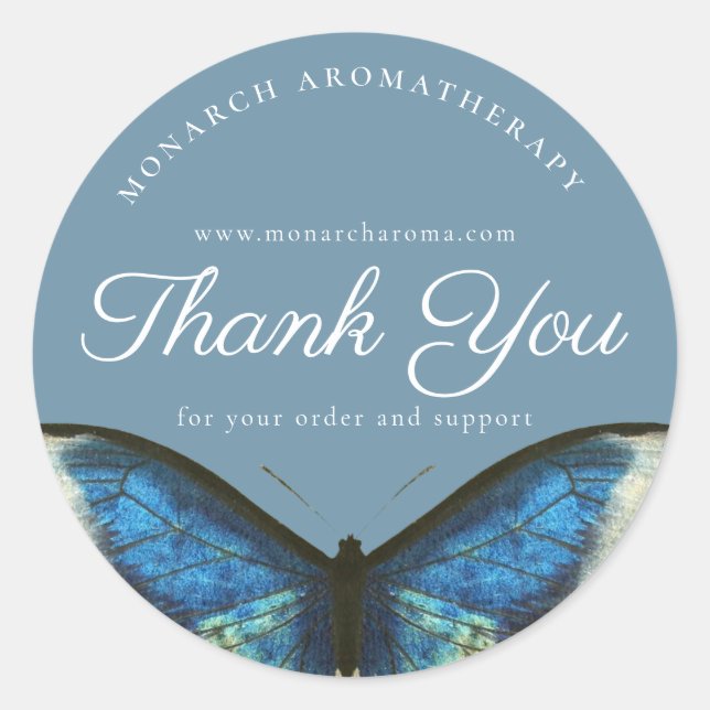 Blue Thank You Elegant Butterfly Business Custom Classic Round Sticker (Front)