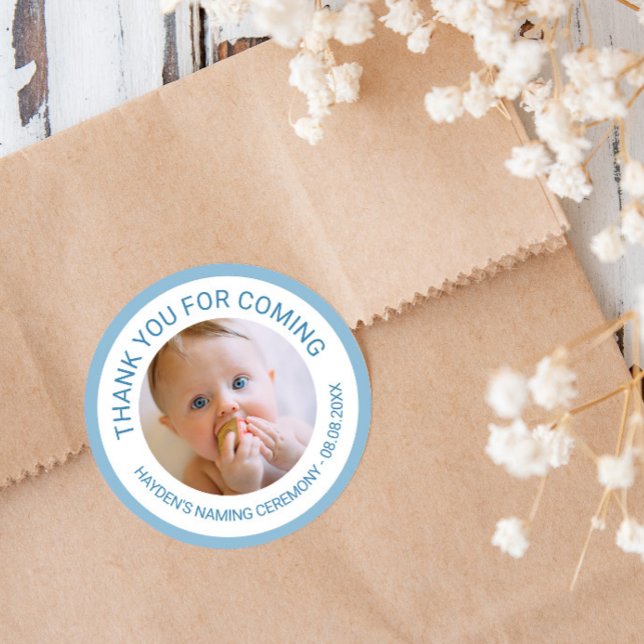 Blue Thank You For Coming Naming Ceremony Photo Classic Round Sticker (Creator Uploaded)
