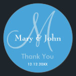 Blue Thank You Wedding Monogram Sticker<br><div class="desc">Initial Stickers with bride and groom name, date of wedding and a thank you message to express your gratitude on your wedding day or any special occasion. .More colours are available for your choice . You can also customise the colour and font using the customise it feature button below the...</div>