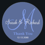 Blue Thank You Wedding Monogram Sticker<br><div class="desc">Initial Stickers with bride and groom name, date of wedding and a thank you message to express your gratitude on your wedding day or any special occasion. .This monogram wedding sticker is in Blue colour .More colours are available for your choice . You can also customise the colour and font...</div>