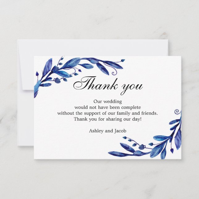 Blue thank you. Winter wedding note. Botanical Thank You Card (Front)