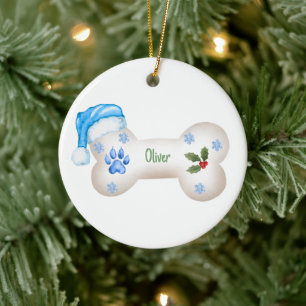 Blue Theme Personalizable Dog Bone Christmas Ceramic Tree Decoration