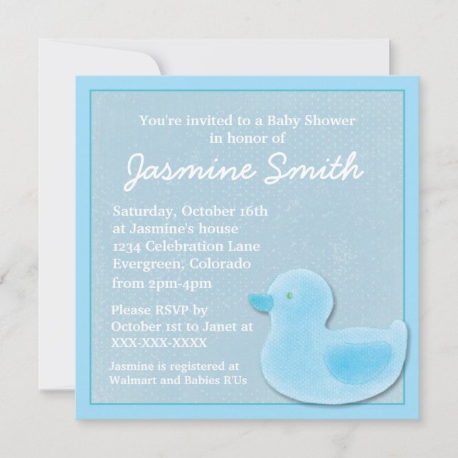 Blue theme rubber ducky baby shower invitations (Front)