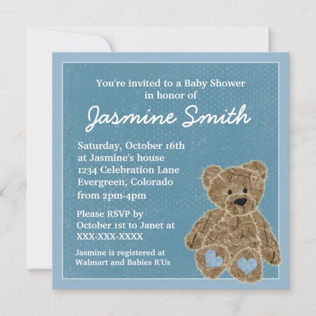 Blue theme teddy bear baby shower invitations (Front)