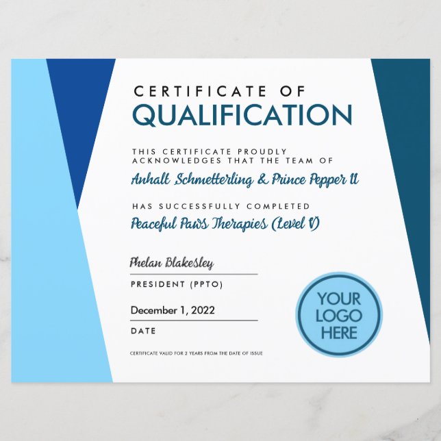 Blue Therapy Animal Graduate Certificate Diploma (Front)