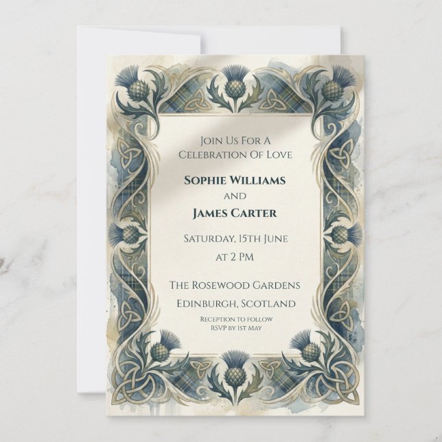 Blue Thistle Art Nouveau Wedding Invitation (Front)