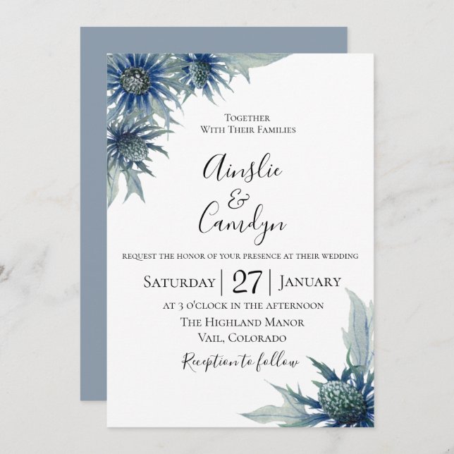 Blue Thistle  Botanical Wedding Invitation (Front/Back)